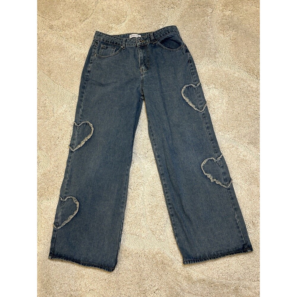 Angel Kiss Wide-Leg Jeans Blue Wash Denim Heart Fringe Y2K Inspo Size 9/29